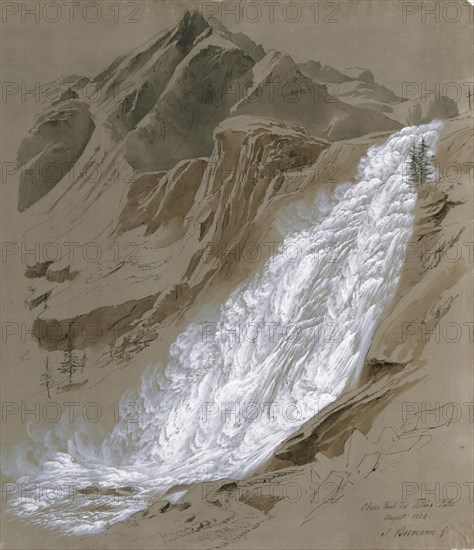 The upper part of the Cascata del Toce, August 1824, pencil and quill with ink, sepia washed, opaque white, on light gray paper, page: 48.6 x 43 cm, U. r., inscribed with pen, dated and signed: upper part of toccia = case., August 1824., S. Birmann., f, ., Samuel Birmann, Basel 1793–1847 Basel