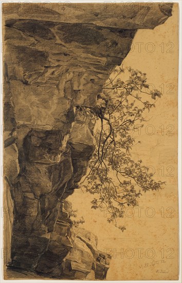 Overhanging rock with pear, 28 Sept. 1852, pencil on ocher-brown paper, sheet: 47.4 x 30 cm, U. r., dated in pencil: d., Sept. 28, 1852, Robert Zünd, Luzern 1827–1909 Luzern