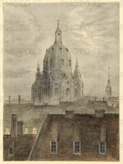 The Frauenkirche in Dresden, around 1824, brush in gray and brown over pencil, sheet: 13 x 9.5 cm, not marked, Carl Gustav Carus, Leipzig 1789–1869 Dresden