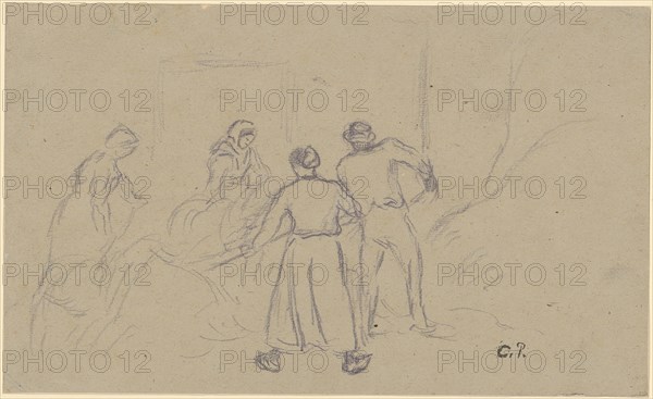 Farmer and three peasant women at the hay harvest, ink pen on light gray paper, verso: ink stick, sheet: 13.6 x 22.4 cm, U. r., monogrammed in pencil: C.P ., on the back u., l, ., monogrammed in pencil: C.P., Camille Pissarro, Charlotte Amalie, St.Thomas/Danish Virgin Island 1830–1903 Paris