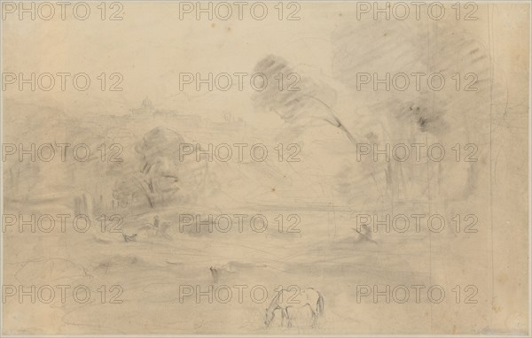 Roman Campagna with distant view of San Pietro in Montorio, 1827, pen over pencil on brownish paper, verso: pencil, sheet: 23.6 x 37.4 cm, on the back and on the back., M. inscribed and dated in pencil: S-Pietro in montorio, mars 1827, Jean-Baptiste Camille Corot, Paris 1796–1875 Paris