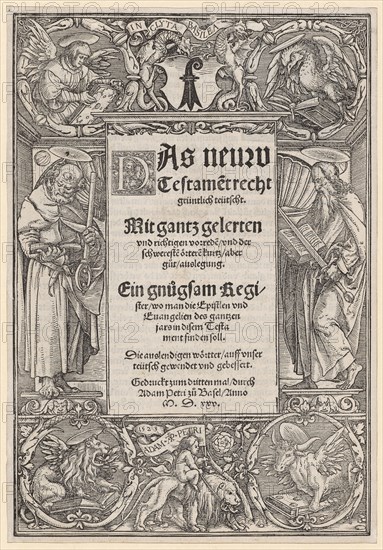 Title enclosure with the hl., Peter and Paul, the coat of arms of Basel and the motto of Adam Petri, 1522, woodcut, sheet: 25.1 x 17.2 cm |, Image: 24.3 x 16.6 cm, on the flag u., designated: 1523, ADAM · AP · PETRI, above the coat of arms: IN CLYTA BASILEA, Hans Holbein d. J., Augsburg um 1497/98–1543 London, Hans Lützelburger, Formschneider, um 1495–1526