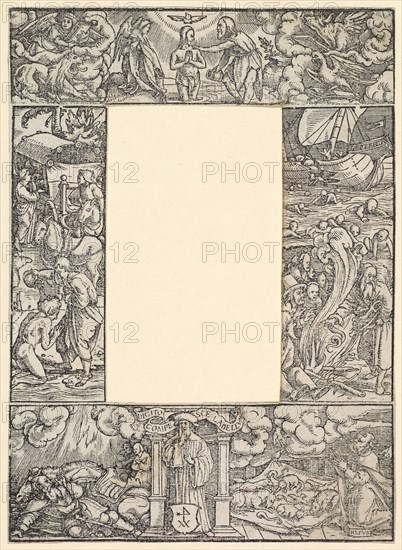 Title enclosure of four parts with the baptism of Christ and scenes from the Acts of the Apostles, 1523, woodcuts, sheet: 15.8 x 11.4 cm, U. M. inscribed: DIGITO COMPESCE LABELLVM (Tame the lips with the finger), u, ., r: H · L · FVR, completely u., M. Coat of arms with Hermes Four, Hans Holbein d. J., Augsburg um 1497/98–1543 London, Hans Lützelburger, Formschneider, um 1495–1526