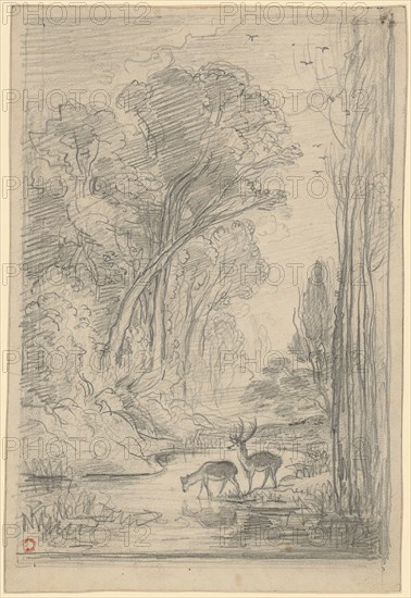 Waldbach with deer and doe on the water, pencil, sheet: 23.6 x 16.1 cm, unsigned, Charles-François Daubigny, Paris 1817–1878 Paris