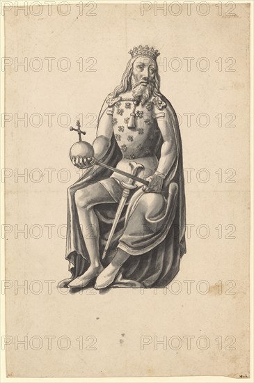 Copy of the statue of Rudolf von Habsburg in the Seidenhof, pen in black, gray wash, sheet: 32.1 x 21.6 cm, U. l., numbered with red chalk: 46, u, ., r., signed with pen in brown: HBock., [HB lig.], Hans Bock d. Ä., Zabern/Elsass um 1550/52–1624 Basel