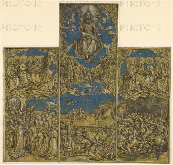 The Last Judgment, c. 1500, pen in black, gray washed, with yellow, blue and brown red watercolors, heightened in white, on yellow-brown tinted paper, page: 43.4 x 20.2 cm (side panels) |, Leaf: 59.9 x 21.8 cm (middle part), Martin Schaffner, Ulm um 1478/79–1547 Ulm