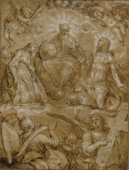 Intercession of Christ and Mary before God the Father, c. 1615, feather (dark brown), gray-brown washed and heightened with white, on brownish-tinted paper, foliage: 41.1 x 30.5 cm, inscribed l.u., mirror image: F.B.V.F., Abraham Bloemaert, Gorinchem 1564–1651 Utrecht