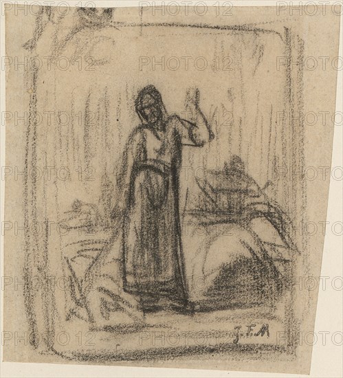 Farmer's wife with rake in front of a hinted landscape background, chalk, sheet: 10.8 x 8.7 cm |, Leaf: 11.3 x 10.2 cm (largest dimension), not labeled, Jean-François Millet, Gruchy bei Gréville 1814–1875 Barbizon