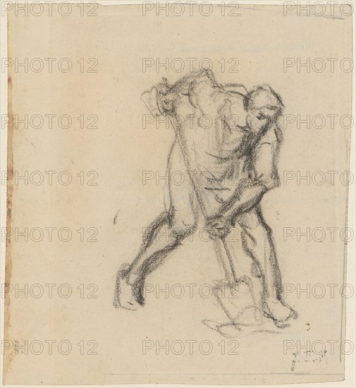 Farmer lifting the plaice with a spade, chalk, leaf: 11.2 x 10.1 cm, Not marked, Jean-François Millet, Gruchy bei Gréville 1814–1875 Barbizon