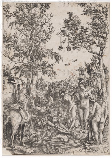 The Paris judgment, 1508, woodcut, sheet: 37.4 x 26.5 cm |, Image: 37 x 26 cm, U. M. r., monogrammed and dated: LC, 1508, Lucas Cranach d. Ä., Kronach 1472–1553 Weimar
