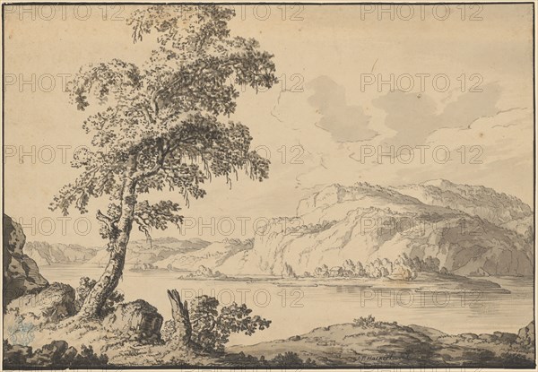 River Landscape, (c. 1765-1768), feather in dark brown and brush in brown, brown washed over traces in pencil, folio: 29.1 x 42.1 cm (with border line), in the right half signed below with feather in dark brown: J: P:, Hackert del., Jakob Philipp Hackert, Prenzlau 1737–1807 San Pietro di Careggi