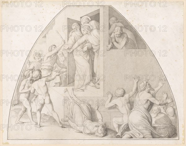 Lot protected by the two angels (Genesis, 19, 1-11), (1825/28), pencil on paper in the form of a lunette above with a horizontal end, mounted on a support and with wide border line with feather in gray, page: 43 x 55 cm (height = vertex), unmarked, Friedrich Overbeck, Lübeck 1789–1869 Rom