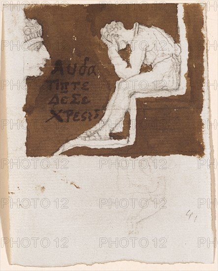 Man, in moody posture in front of a sphinx-like head appearing from the wall, 1810/20, chalk, brown washed, sheet: 10.3 x 8.2 cm, inscribed between the man and the sphinx-like head with feather in brown in Greek: [Transl .: Sprich, whose do you need?], Johann Heinrich Füssli, Zürich 1741–1825 Putney Hill b. London