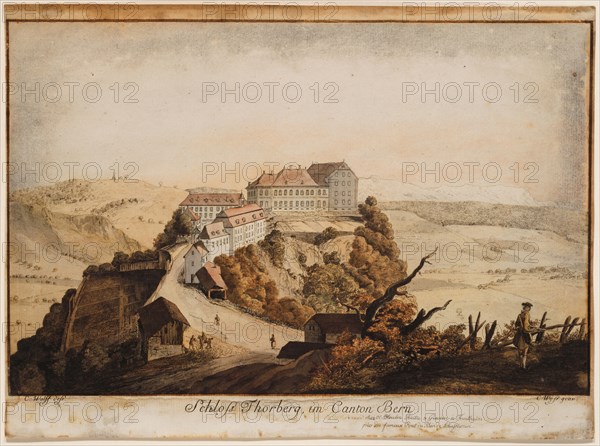 Thorberg Castle, in Canton Bern, etching, colored, sheet: 19.8 x 30.1 cm, Caspar Wolf, Inventor, Muri/Aargau 1735–1783 Heidelberg, Caspar Leontius Wyss, Stecher, Emmen um 1762–1798 Mannheim