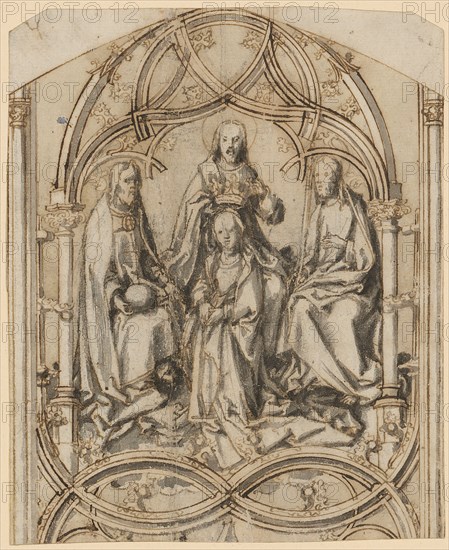 Coronation of the Virgin Mary, feather in brown, traces of a chalk outline, gray wash, background formerly yellowish watercolored (faded), image: 15.2 x 12.4 cm, unsigned, Hans Holbein d. Ä., Augsburg um 1460/65–1524