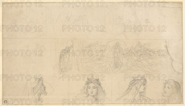 Idea Sketches for the Beautiful Melusine, c. 1868/69, pencil, mounted, leaf: 24.5 x 43.2 cm, O. r., inscribed in pencil: Merlin the Wise, Moritz von Schwind, Wien 1804–1871 Niederpörking b. München