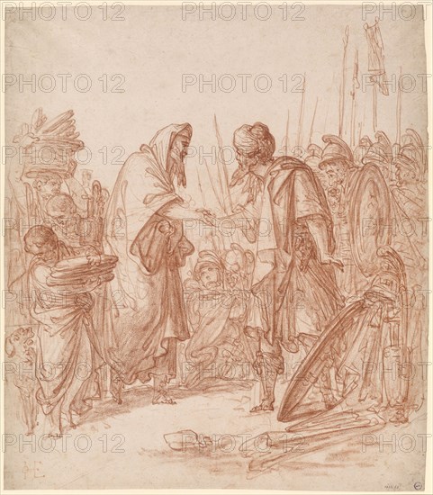 The encounter of Abraham and Melchizedek, red chalk, sheet: 48.3 x 42.1 cm, U. l., Inscribed: IOHE [wrong Heintz monogram, with brighter pencil than the drawing], Anonym, Italien (?), 17. Jh.
