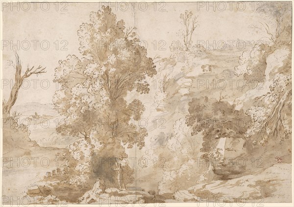 Landscape with tree-filled gorge, pen in brown, in various shades of brown and gray washed, sheet: 25.9 x 36.8 cm, not marked, Cornelis van Poelenburg (Poelenburch), (?), Utrecht (?) 1594/95–1667 Utrecht