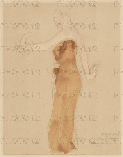 Dancer walking to the left with arms and hands moving Etruscan, Marseille, 1908, pencil, watercolored, sheet: 31.4 x 18.2 cm, U. r., dated, signed and inscribed: Marseille 1908., Aug. Rodin [underlined], Cambodgienne pour sevir, de Gloire, Auguste Rodin, Paris 1840–1917 Meudon