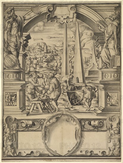 Disc rupture with Leonhard Thurneysser in the Orient on the acquisition of mummies, flanked by Ptolemy and Aristotle, below blank escutcheon, c. 1579, pen in black, gray washed, old mounted, folio: 64.1 x 49.2 cm, O. l., designated: PTOLOMEVS [M crossed out], o. r .: ARISTOTELES, in writing tapes in the landscape: IERVSALEM, MOUNTAIN SŸNAI, MECHA, Christoph Murer, Zürich 1558–1614 Winterthur