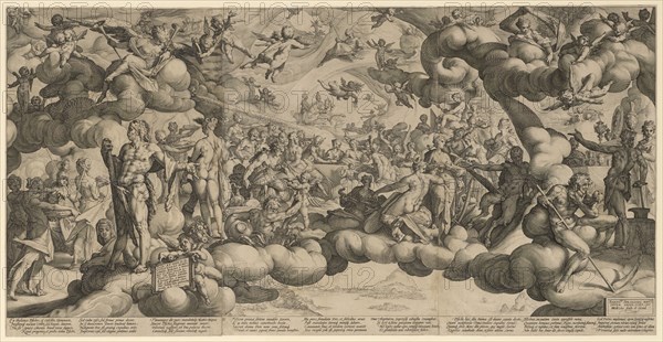 The Wedding of Amor and Psyche, 1587, copperplate engraving (from three plates), on three sheets, paper glued together, sheet: 43.7 x 85.6 cm (total), U. M. l., on blackboard: ILLV: ET GEN.D.D., WOLFGANGO RVMPF, LIBERO BARONI A WIEL-, ROS ET WEITTRACH, Hendrick Goltzius, Stecher, Mühlbrecht 1558–1617 Haarlem, Bartholomäus Spranger, Inventor, Antwerpen 1546–1611 Prag