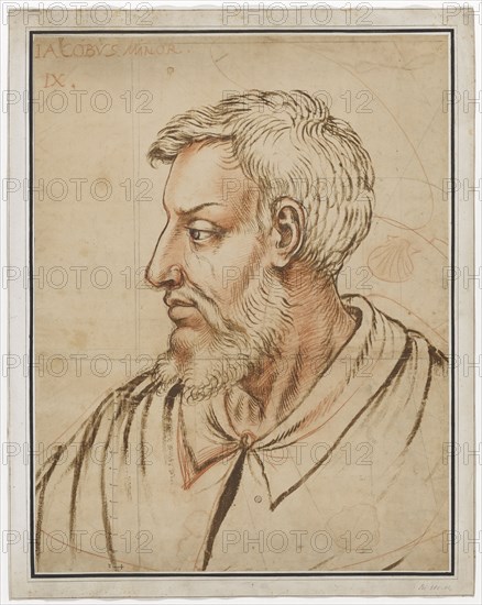 The Apostle James Minor, around 1585, brush in brown and gray, red chalk, firmly wound up, leaf: 55.5 x 43.2 cm, O. l., marked with red chalk: IACOBVS., MINOR, ., IX., Hendrick Goltzius, Mühlbrecht 1558–1617 Haarlem