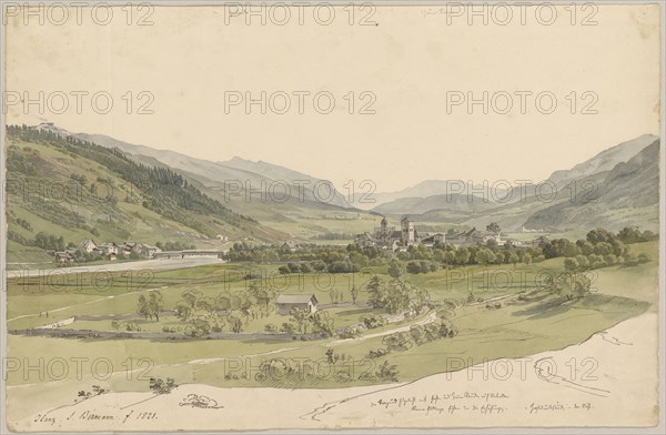 Ilanz, 1821, pencil, pen and watercolor, sheet: 25 x 38.2 cm, l., inscribed with pen, signed and dated: Ilanz., S. Birman., f, ., 1821, ., further inscriptions with pen and pencil., Samuel Birmann, Basel 1793–1847 Basel