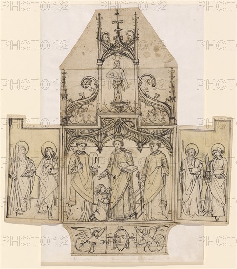 Design for a winged altar, around 1500, feather and brush in dark brown, over black chalk (or charcoal), inside of the altar in places yellowish washed, center part cut out and firmly mounted on support, part of the conversation and predella adorned, wing mounted so that, they can be opened and closed, sheet: 62.6 x 29.9 cm (middle section) |, Sheet: 26.8 x 15.8 cm (left wing) |, Leaf: 26.9 x 15.5 cm (right wing), Not referenced, Anonym, Oberrhein, um 1500