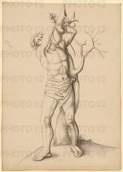 Martyr bound to a tree, pen in black, gray washed, Journal: 22 x 15.5 cm, Unmarked, Jörg Schweiger, (zugeschrieben / attributed to), Augsburg 1470/80 –1533/34 Basel