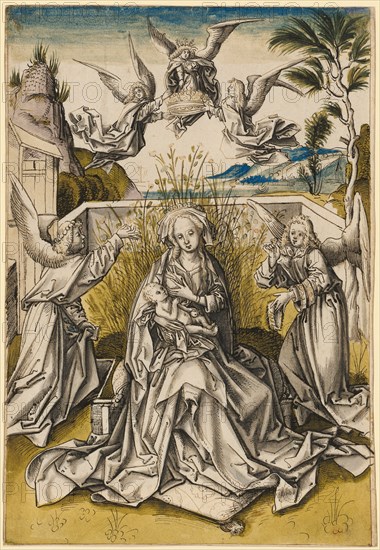 Madonna and angels in landscape, c. 1500, pen and brush in black and brown, gray wash, blue, green and violet watercolor, page: 31.3 x 21.7 cm, not marked, Hans Holbein d. Ä., (Werkstatt / workshop), Augsburg um 1460/65–1524