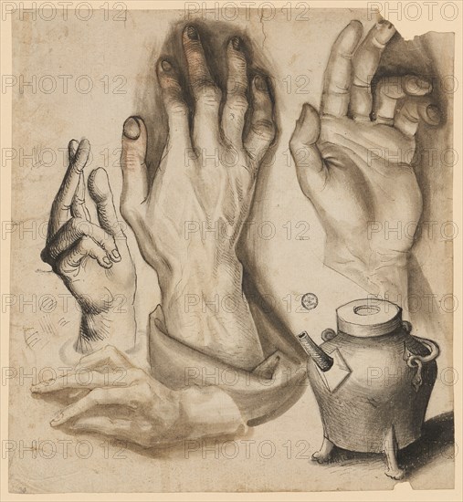 Four studies of hands and a cauldron, c. 1500, pen in brown and black, gray-brown washed, some red chalk, laminated, leaf: 22.2 x 20.5 cm, unsigned, Anonym, Süddeutschland (Oberrhein?), um 1500