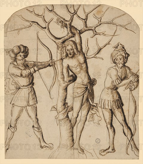 The torture of St., Sebastian, c. 1500, quill in brown, over a light carbon copy, laminated, page: 23.5 x 20.4 cm, unsigned, Anonym, Oberrhein, um 1500