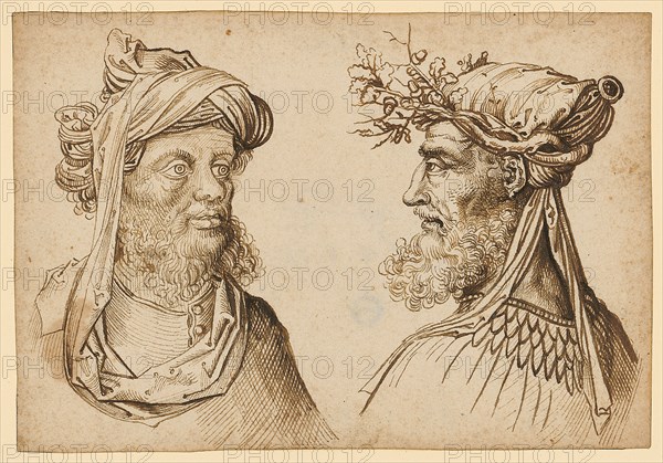 Two oriental heads, feather in brown, leaf: 11 x 16 cm, not marked, Martin Schongauer, (Kopie nach / copy after), Colmar um 1445–1491 Colmar