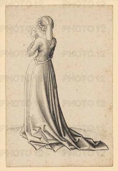 Young girl with mirror, seen from the back, feather in black, gray wash, sheet: 16.2 x 10.8 cm, unsigned, Martin Schongauer, (Nachfolger / follower), Colmar um 1445–1491 Colmar