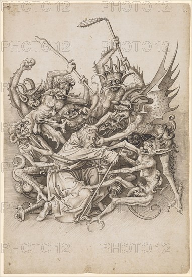 The torment of St., Antonius by demons, feather in dark brown, greyish brown washed, Journal: 31.1 x 21.5 cm, Unmarked, Jörg Schweiger, (zugeschrieben / attributed to), Augsburg 1470/80 –1533/34 Basel
