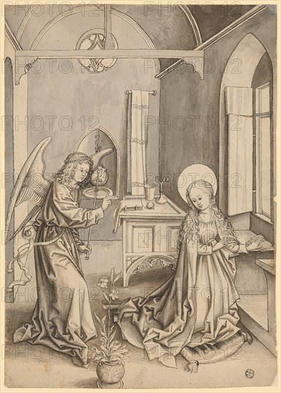 The Annunciation to Mary, pen in black, gray and greyish brown, sheet: 30.8 x 22 cm, unmarked, Jörg Schweiger, (zugeschrieben / attributed to), Augsburg 1470/80 –1533/34 Basel, Martin Schongauer, (Kopie nach / copy after), Colmar um 1445–1491 Colmar