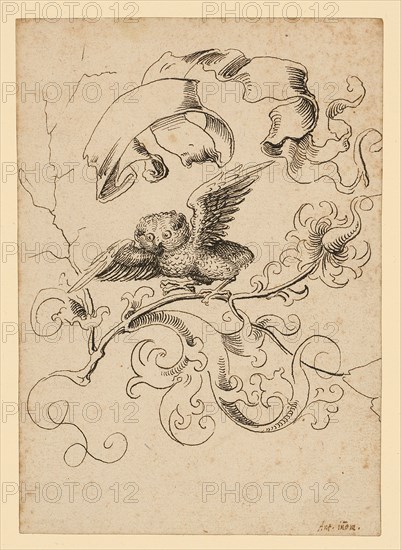 Young owl on flower branch, above a blank banner, c. 1500, pen in black, Journal: 15.2 x 10.7 cm, Not marked, Anonym, Oberrhein, um 1500