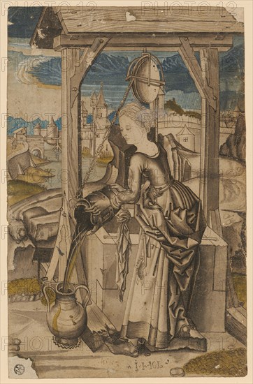 The Samaritan Woman at the Fountain, c. 1500, feather in brown, greyish brown washed, watercolored, size: 25.6 x 16.5 cm, unsigned, Anonym, Süddeutschland (oder Schweiz?), um 1500