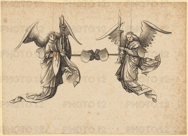Candlestick design with two angels, feather in dark brown, gray-brown washed, page: 15.3 x 21.1 cm, unsigned, Hans Holbein d. Ä., Augsburg um 1460/65–1524
