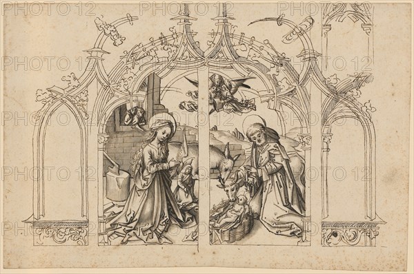 The Adoration of the Child, in Masswerkrahmung, feather in brown, gray-brown washed, Journal: 19.8 x 30.1 cm, Not marked, Hans Holbein d. Ä., Augsburg um 1460/65–1524