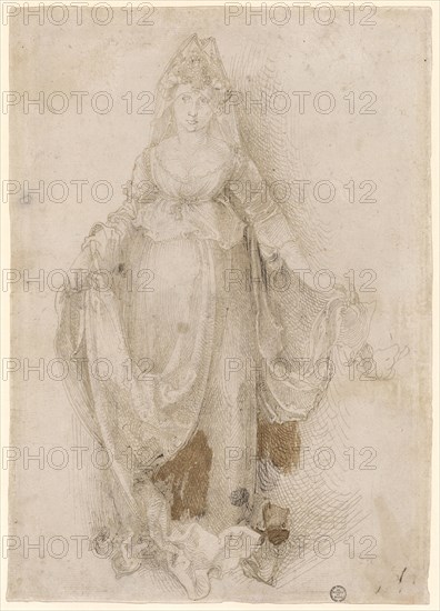 Woman in fancy dress, 1494/95, feather in greyish brown, faded, with darker spots (sometimes brown), page: 27.3 x 19.5 cm, unsigned, Albrecht Dürer, Nürnberg 1471–1528 Nürnberg