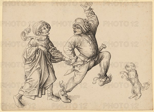 Dancing Farmer Couple with Dog, Early 16th C., Feather in Blackbrown, Journal: 15.8 x 21.9 cm, Unsigned, Anonym, Oberrhein (Basel?), Anfang 16. Jh.