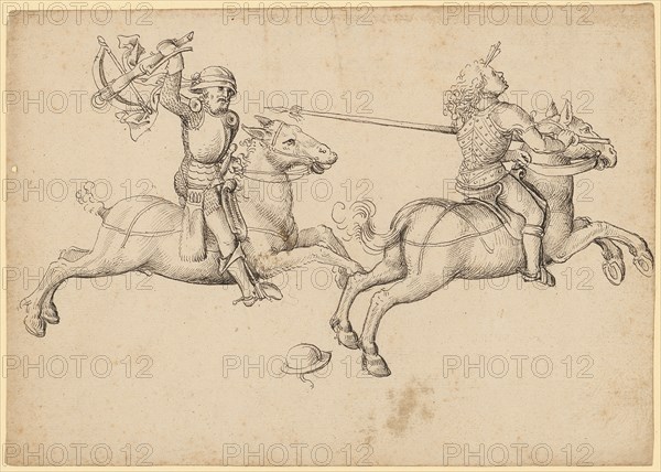 Two fighting, right-wing riders, beginning of the 16th century, feather in black-brown, page: 15.5 x 22.1 cm, unsigned, Anonym, Oberrhein (Basel?), Anfang 16. Jh.