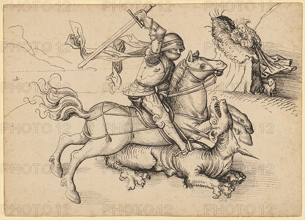 The hl., Georg on horseback in a dragon fight, beginning of the 16th century, feather in black, Journal: 11.1 x 15.5 cm, Not marked, Anonym, Oberrhein (Basel?), Anfang 16. Jh.