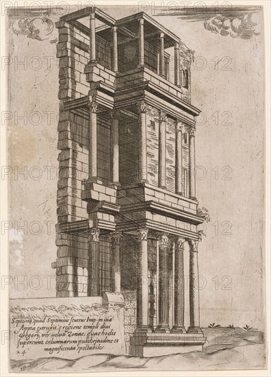 Septi [?] Onij, quod Septimius senerus Imp. [...] (The Septizonium), etching with copperplate, plate: 21.9 x 15.3 cm, U. l., denoted: Septi [?] onij, quod Septimius senerus Imp. [...], 24, Giovanni Antonio Dosio, Entwerfer, Florenz (San Gimigniano?) 1533 – nach 1609 Rom, Giovanni Battista de Cavalieri, Stecher, Villa Lagarina/Trento um 1525–1601 Rom