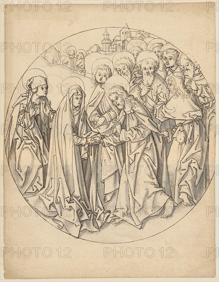 Christ's farewell to Mary, pen in black, gray wash, sheet: 21.2 x 16.3 cm |, Image: 16.7 cm (diameter), Not marked, Jörg Schweiger, (zugeschrieben / attributed to), Augsburg 1470/80 –1533/34 Basel