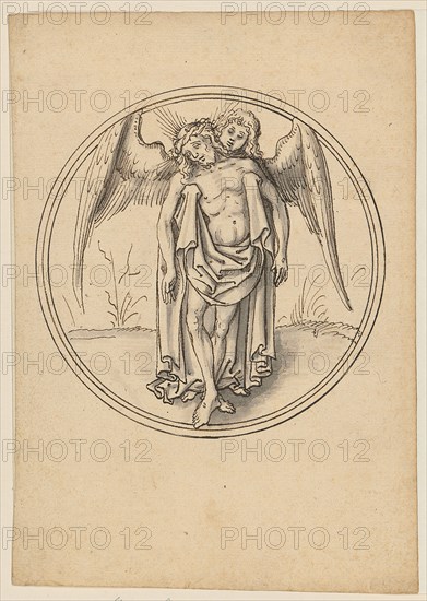 The dead Christ supported by an angel, feather in black, gray wash, sheet: 15.5 x 11.1 cm |, Image: 9.5 cm (diameter), Not marked, Jörg Schweiger, (zugeschrieben / attributed to), Augsburg 1470/80 –1533/34 Basel