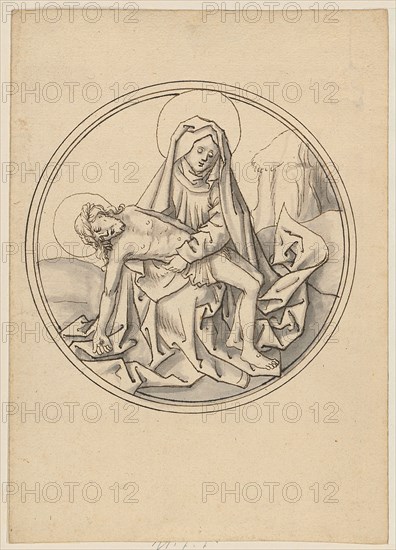 Mary with the body of Christ in the lap (pietà), pen in black, gray wash, sheet: 15.3 x 10.9 cm |, Image: 9.5 cm (diameter), Not marked, Jörg Schweiger, (zugeschrieben / attributed to), Augsburg 1470/80 –1533/34 Basel