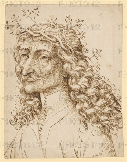 Half-length portrait of a garlanded man with long curly hair, left, c. 1470/80, brown feather, sheet: 18.5 x 14.4 cm, unsigned, Anonym, Oberrhein (Elsass), um 1470/80