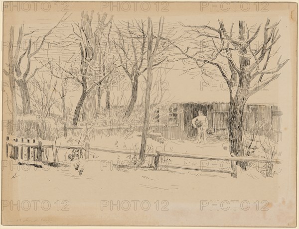 Dursli with two bundles of wood in front of his house., Illustrated illustration for Jeremias Gotthelf, Dursli the spirits runner or Christmas Eve, in: Selected works, second part, La Chaux-de-Fonds: F. Zahn (c. 1900), p. 334, 1893-1896, pen in black on light beige cardboard, verso: feather in black, leaf: 18.4 x 24.2 cm, O. l., numbered in pencil: 17, u, ., l, ., marked with pen in black: A, below marked in pencil: aux 12 ctm de large, on the back u., l, ., inscribed in pencil: z Dursli, le buveur, d'eau de vie, u., r., in pencil: 18180, Albert Anker, Ins/Bern 1831–1910 Ins/Bern